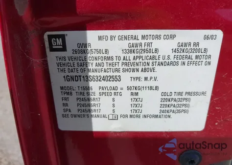 2003 Chevrolet Trailblazer Lt из США, поврежденный, VIN 1GNDT13S632402553